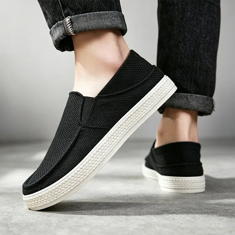 Herren Leinen Slip-On Loafer Atmungsaktives Gewebtes Obermaterial Verschleißfeste Gummisohle Lässige Tägliche Gehschuhe Flache Schuhe – Detail 4