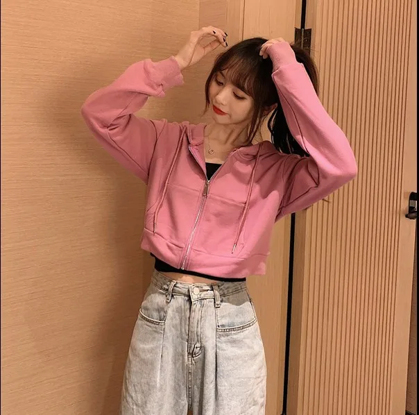 Short Hoodies Women Spring and Autumn Zip Cardigan Jacket Solid Color Hooded Long-sleeved Top Korean Fashion Sweatshirt