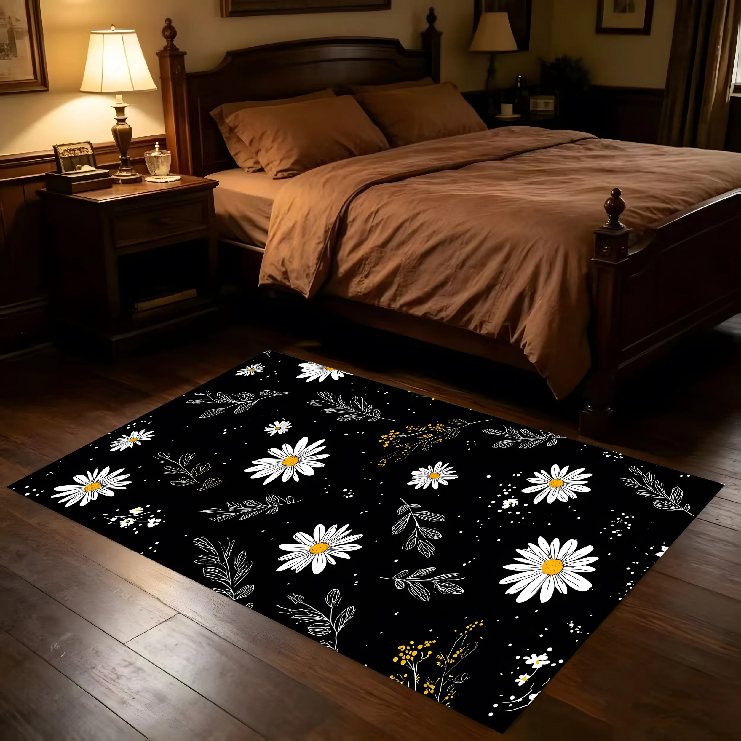 Black Background with Daisy and Leaf Print - a Sweet and Cool Retro-Style Velvet Rug Suitable for Halloween and Christmas, Perfect for Bedrooms, Living Rooms, and Entryways, Creating a Tranquil and Healing Interior Design Atmosphere