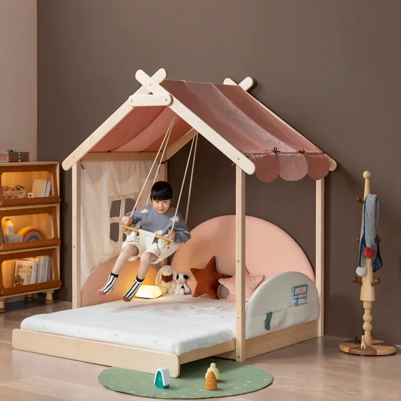 Extended bed, floor-to-ceiling can be raised and played Solid wood tent Children's bed