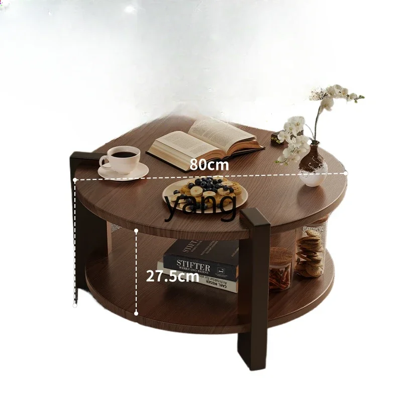 YJQ solid wood round coffee table small apartment living room household simple side table double-layer tea table