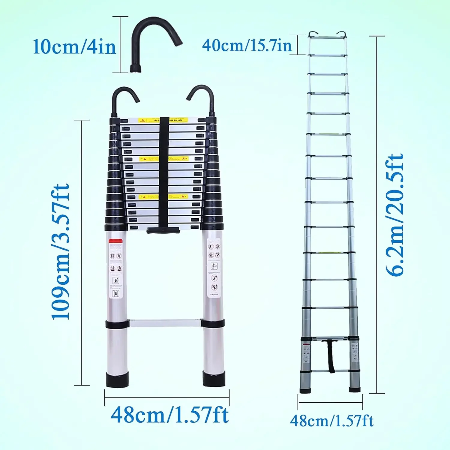 Ladder 20.5ft Aluminum Telescopic Extension Ladder Extendable Ladders with 2 Detachable Hooks Portable Lightweight Safety Lock D