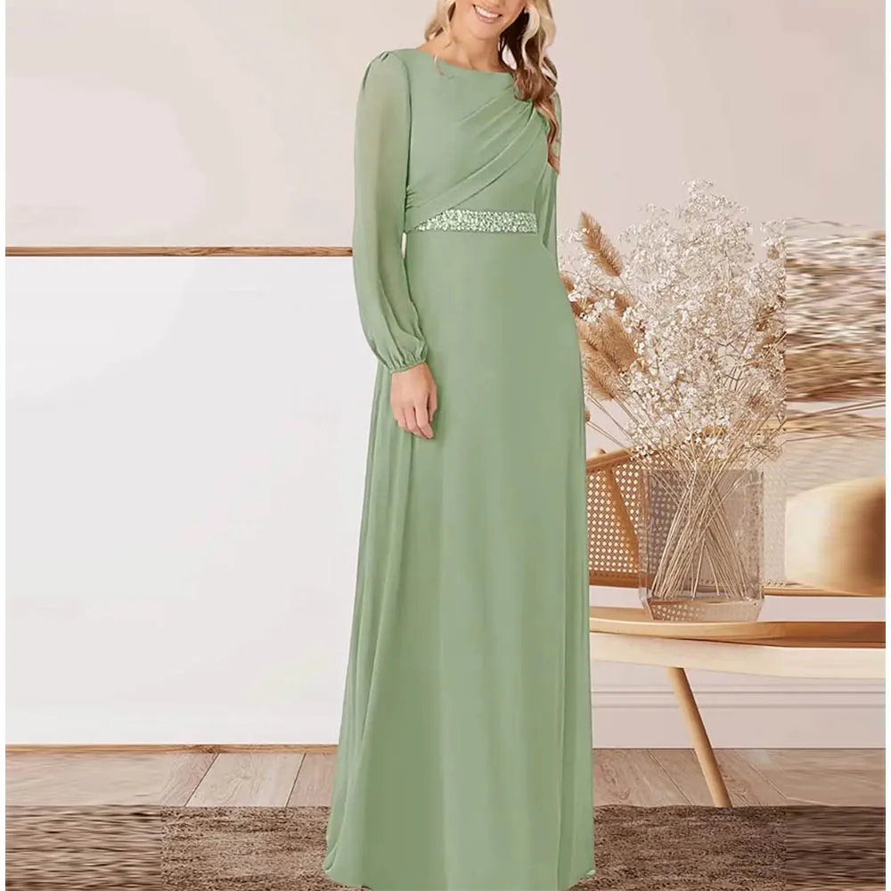 Customized Elegant A-Line Mother of Bride Dresses Chiffon Dress Jewel Neck Floor Length Long Sleeves Wedding Party Dresses