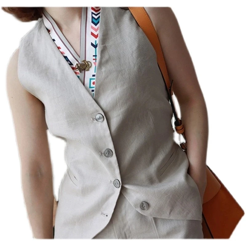 

Women's Suit Waistcoat Khaki Black Linen Cotton Short Vest Thin Korean Slim-Fitting Casual Business Vest Formal Work Wear 2022