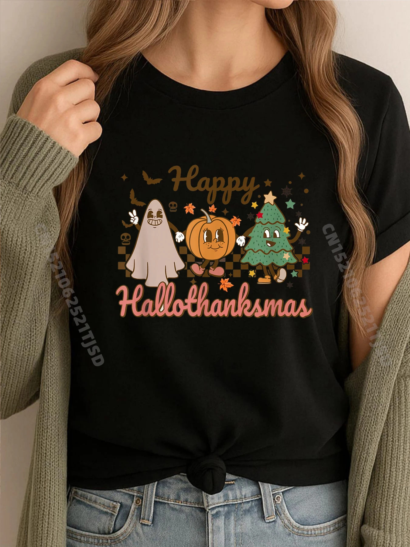 

Retro Halloween Thanksgiving Christmas Happy Hallothanksmas Funny Shirts T-Shirt WashedPlus Size Normal