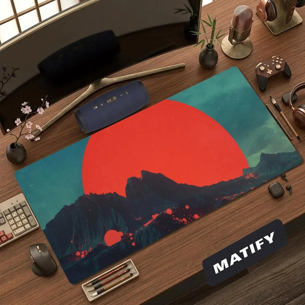 Large Retro Mountain Red Sun Landscape Mousepad XXL Vintage Scenery Non‑Slip Rubber Game Mouse Mats Overlock Gaming Accessories