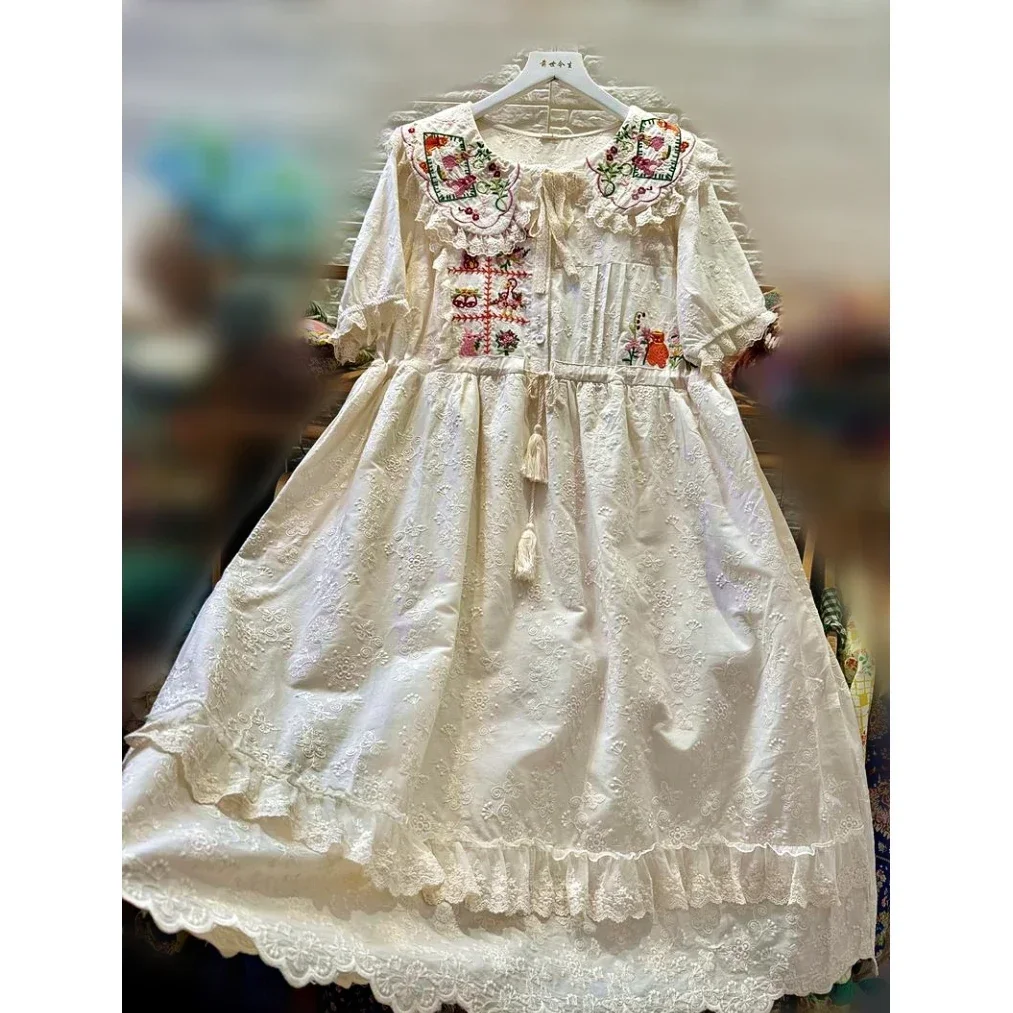 

Women Victorian Cotton Embroidery White Tunic Long Midi Dress 2025 Summer Vintage Retro Chic Ruffled Lace Wedding Birthday Dress
