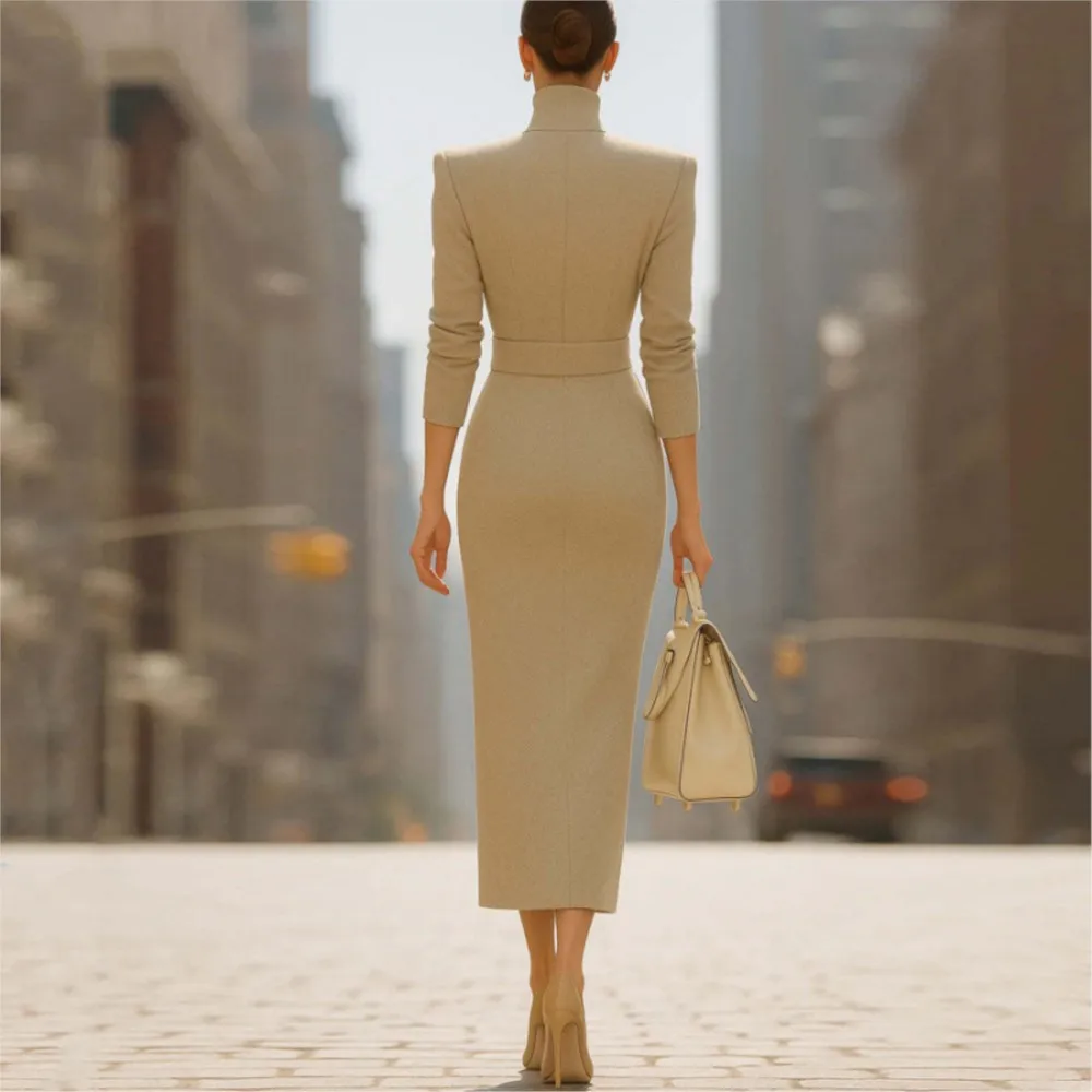 Herbst Temperament V-ausschnitt Schlank anliegende Mid-länge Hüfte-umarmt Schlitz frauen Kleider Mode High-neck Elegante weibliche Büro Kleid