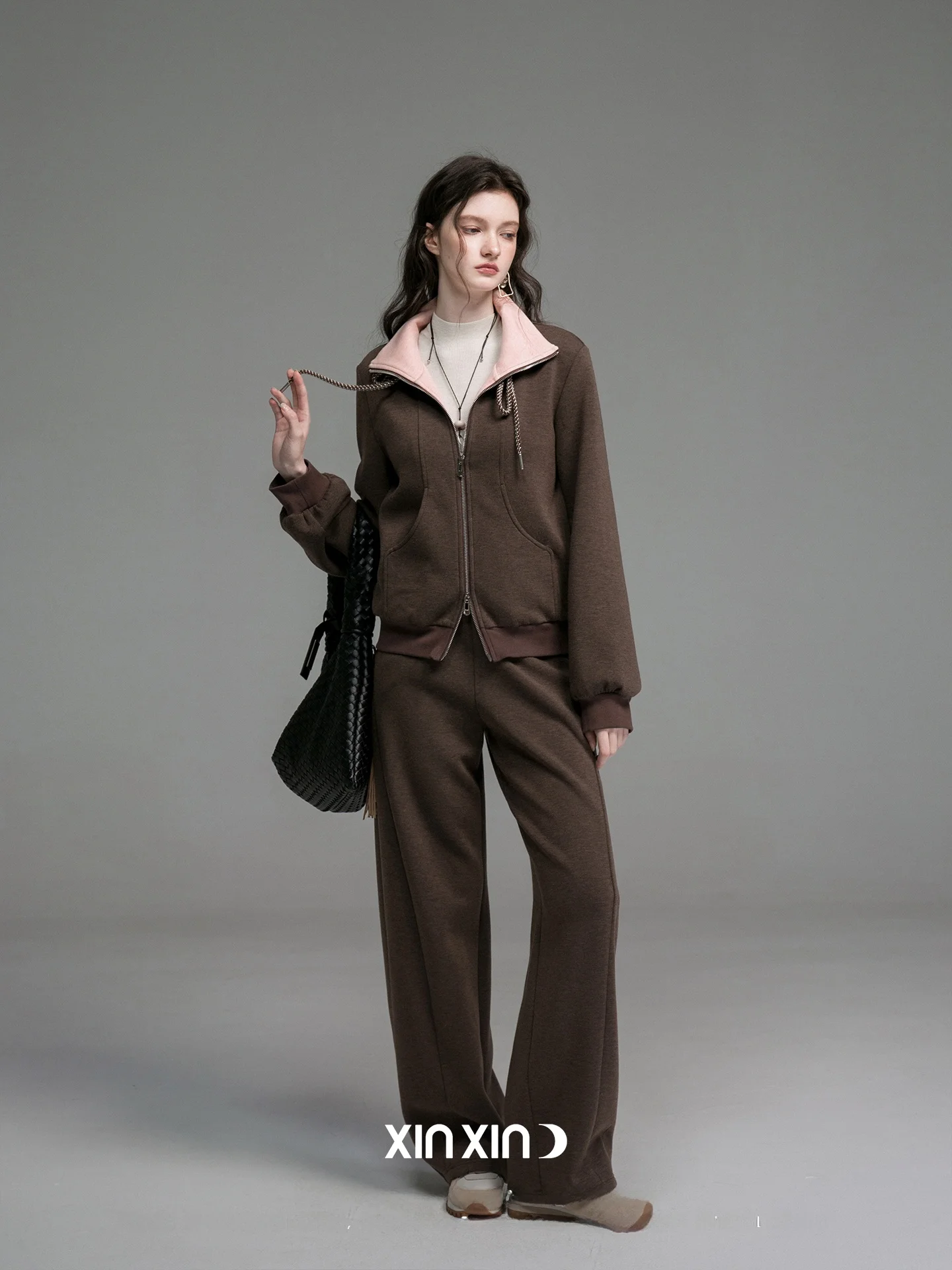 

XinXinYuE Wool Silk Hoodie Pants Set Zipper Collar Double Head Zipper Mid-Length Vintage Style Winter Spring Adult Women