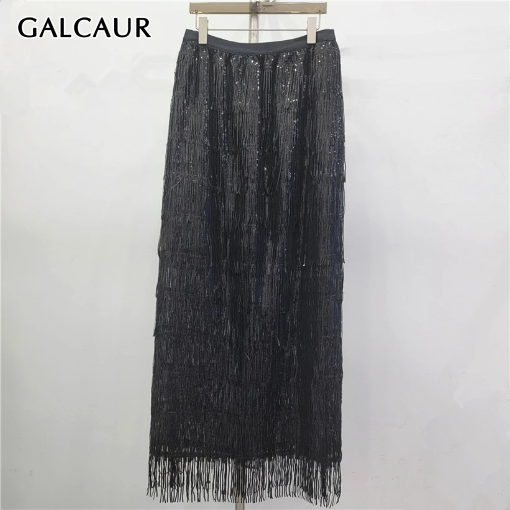 

GALCAUR Black Spliced Tassel Design Skirt Female High Waist Loose Casual Streetwear Women's Long Skirts Autumn Fashion New Style