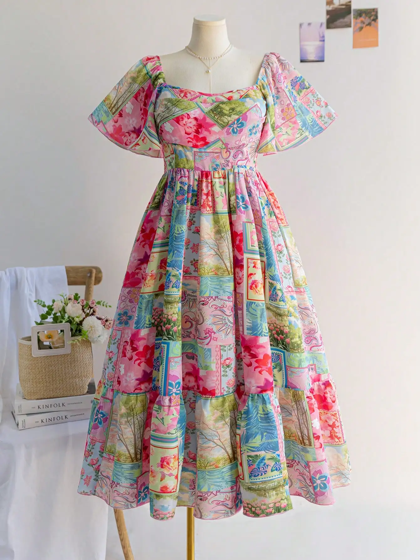 

Women's Spring Multicolor Patchwork Print Square Neck Ruffle Sleeve Maxi Dress