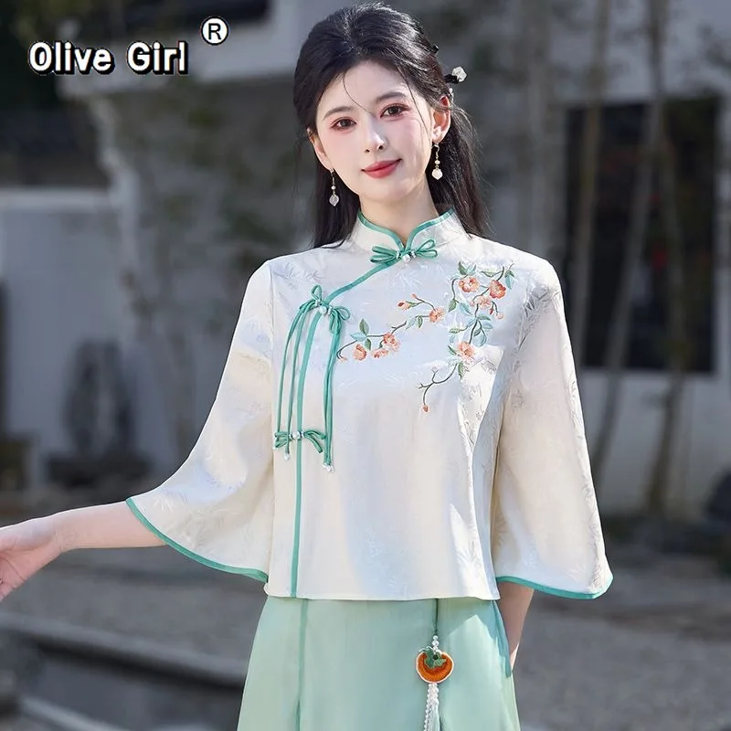 Olivegirl Women's Clothing Chinese Elegant Jacquard Embroidery Buttoned Diagonal Top Paired Improved Skirt Clothes