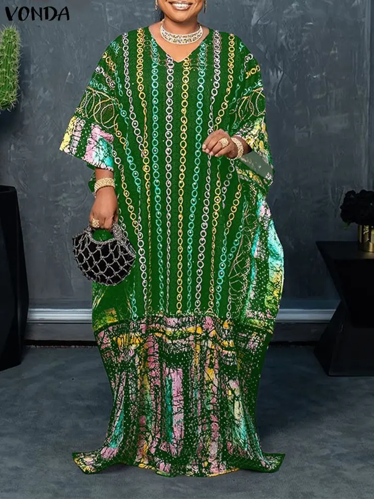 حجم كبير 5XL فوندا النساء البوهيمي ماكسي فساتين الخريف 3/4 كم الطباعة فستان الشمس طويل غير رسمي الخامس الرقبة خمر فضفاض Vestidos