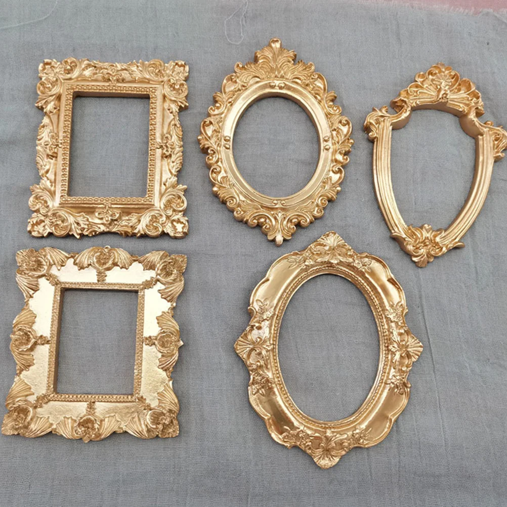 5 Pcs Ornate Picture Frame Oval Vintage BigGolden Mini Frames Baby Photo Frames Adornments Embossment Design Decorative