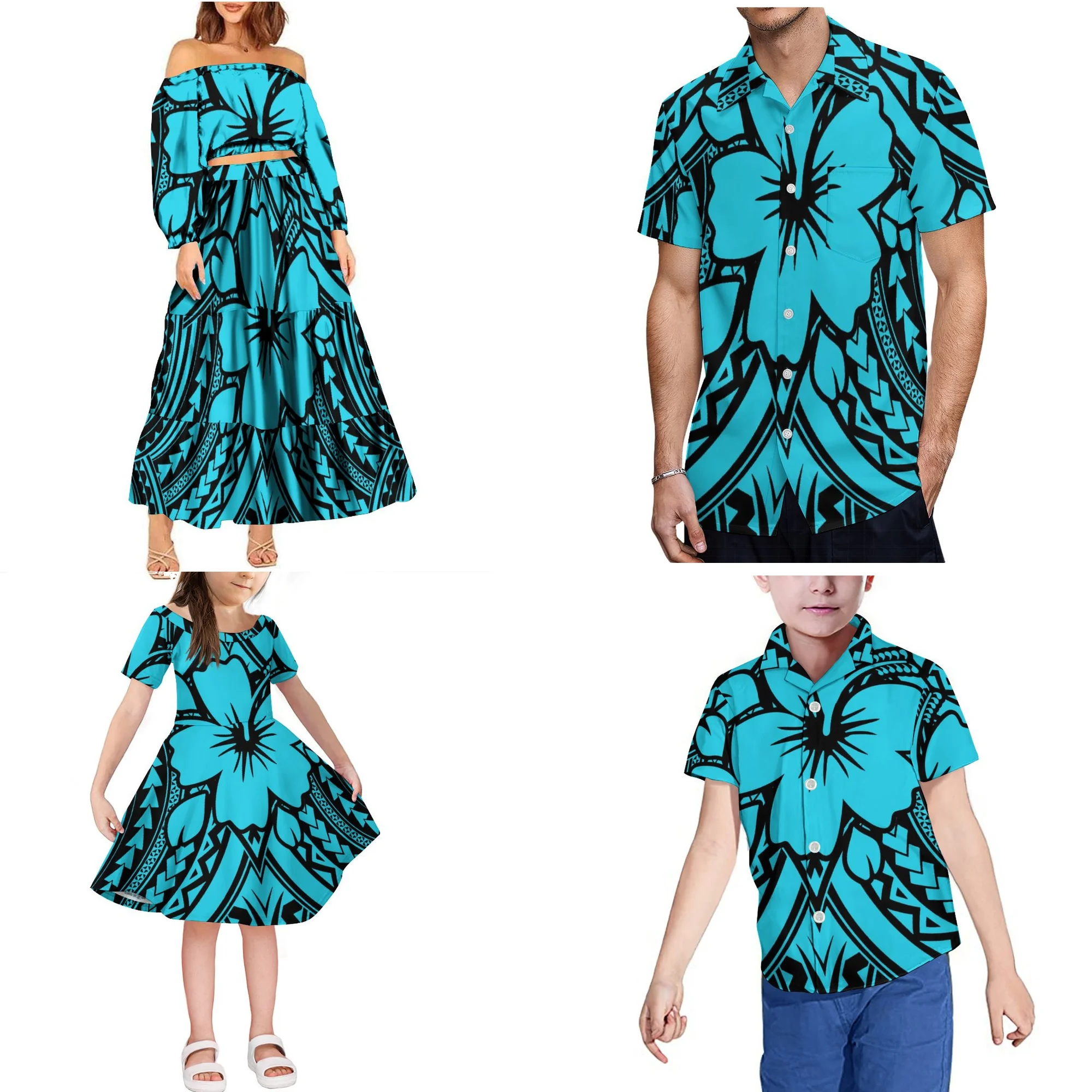 Hawaii Style Print One Shoulder Long Sleeve Crop Top And Long Pleated Skirts 2 Piece Set 2pcs Party Dress