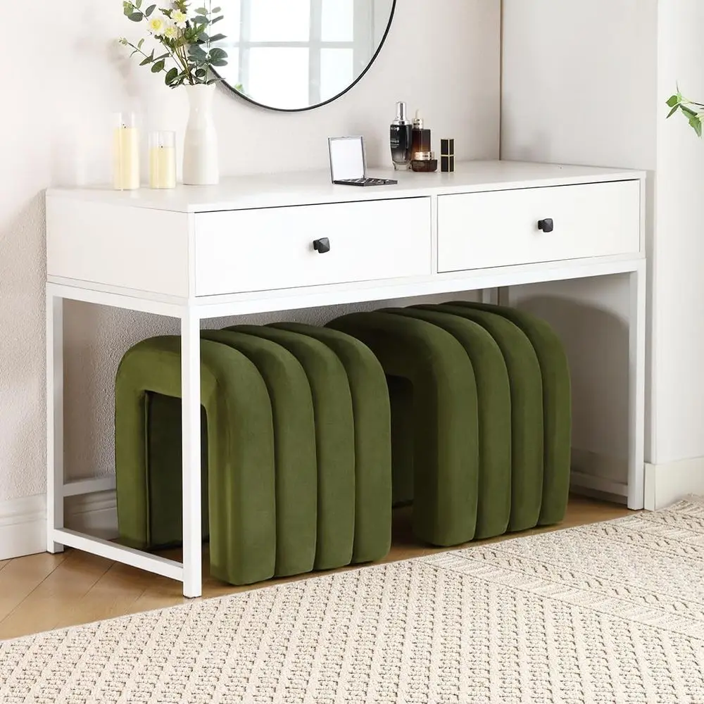 

Green Velvet Upholstered Ottoman Bench - Small Entryway Seat for Living Room (Set of 2)