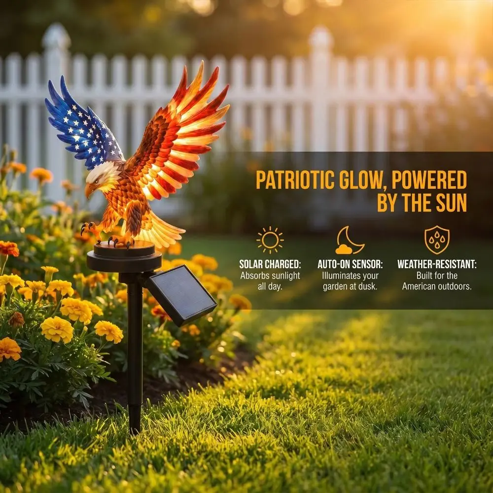 LED Lighting Solar Eagle Light UV Resistant Solar Powered Solar Garden Light Flag Themed Wings Patriotic Eagle Statue