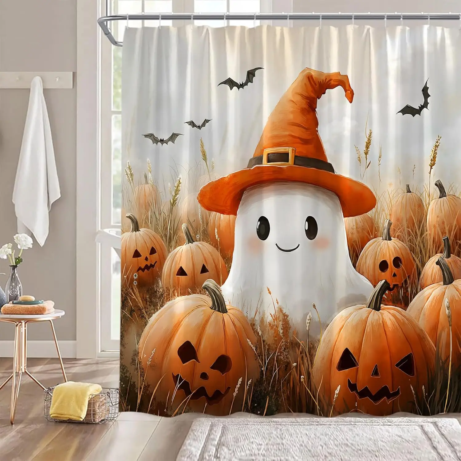 

Halloween Ghost Shower Curtain Cute Funny Ghost Spooky Pumpkin Bat Thanksgiving Fall Rustic Festival Bathroom Decor Fabric