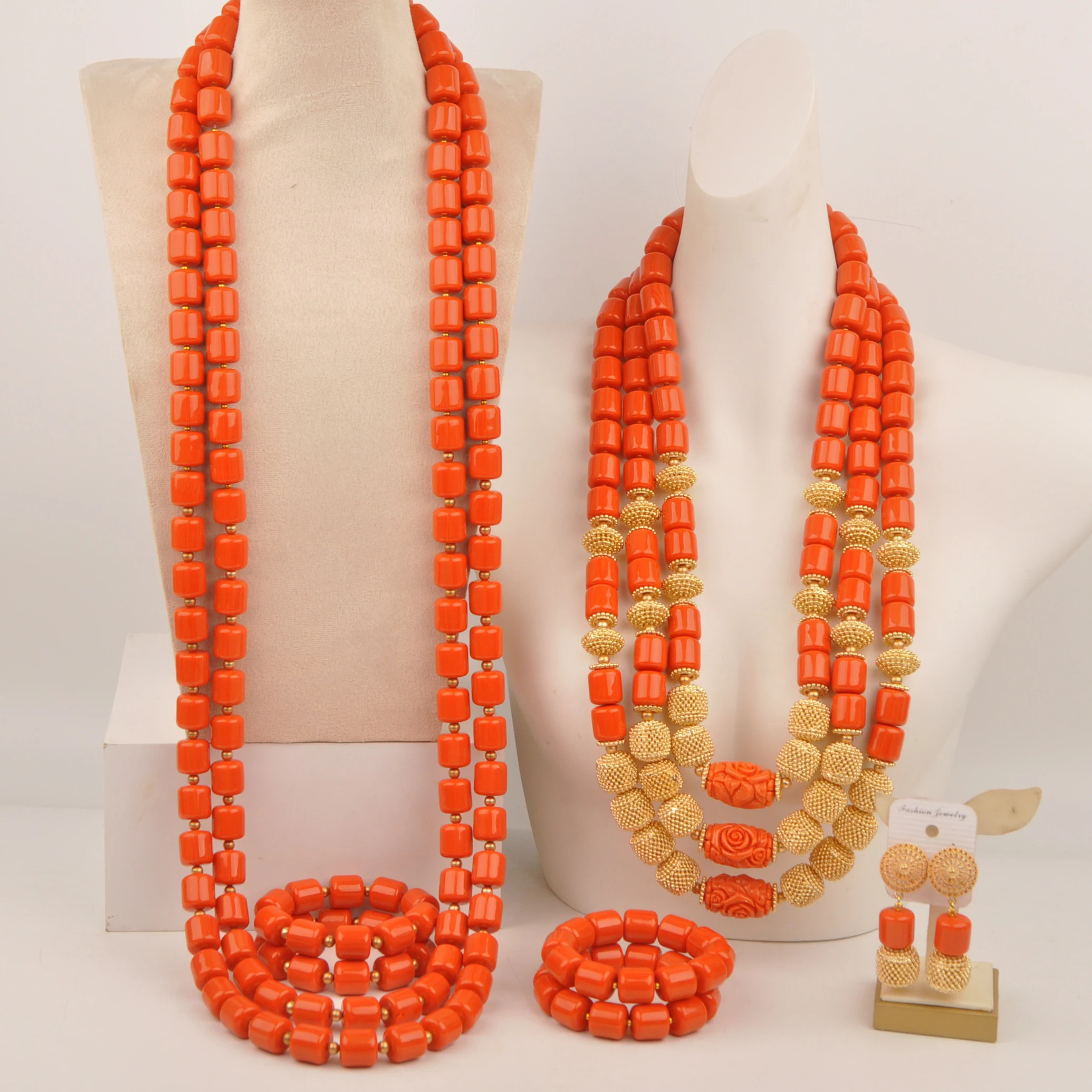 Fashionable African Wedding Bridal Wedding Jewelry Orange Imitation Coral Necklace Nigeria Wedding Couple Jewelry Set XIN-60