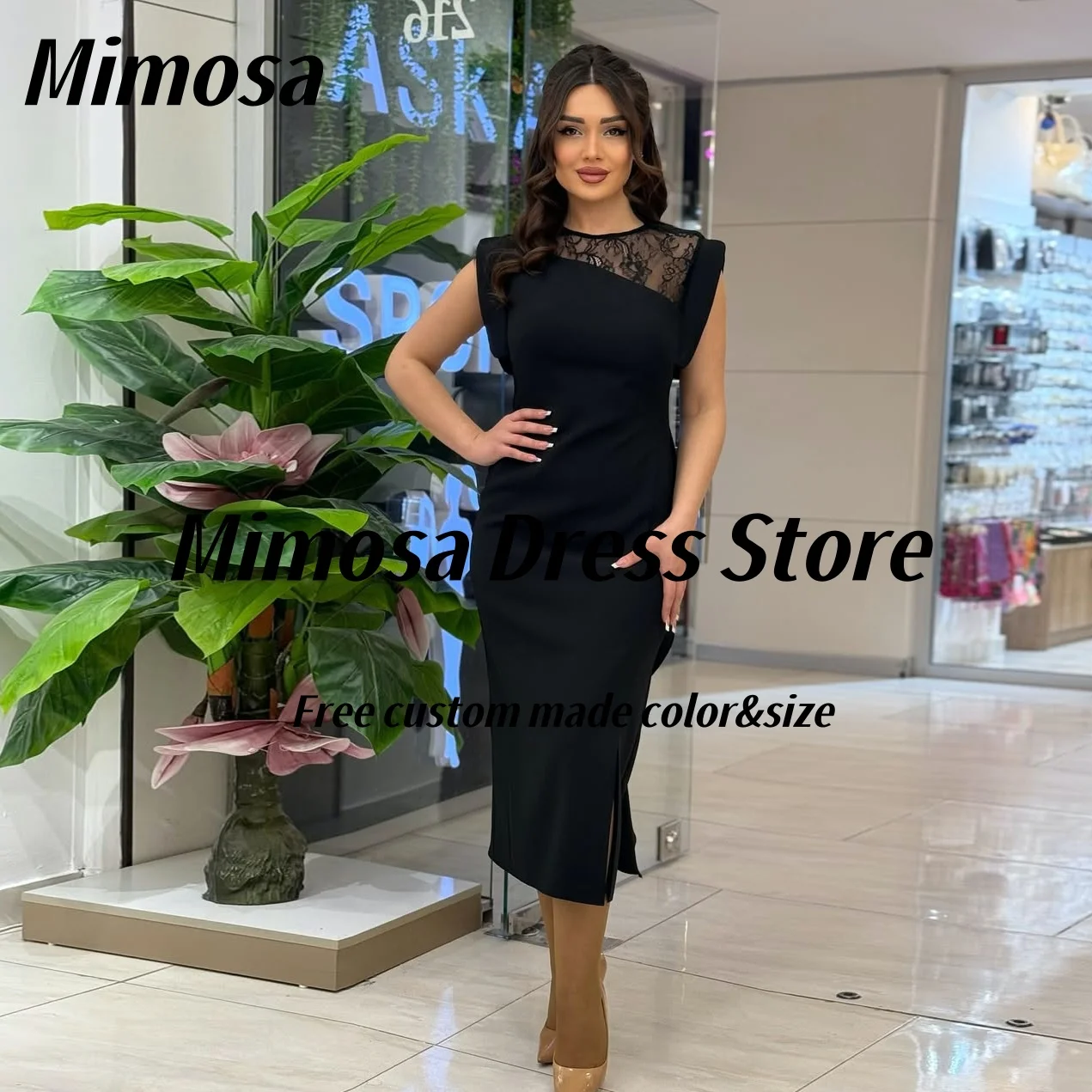 

Mimosa Black Prom Dresses O-Neck Lace Sexy Back Robe Des Cocktail Dress Tea Length Evening Party Short Gowns Customized