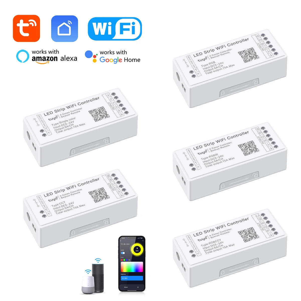 Tuya WiFi LED Strip Controller Smart Home Automation Single Color RGB RGBW RGB+CCT  Controller Bluetooth DC12V-24V Voice Control