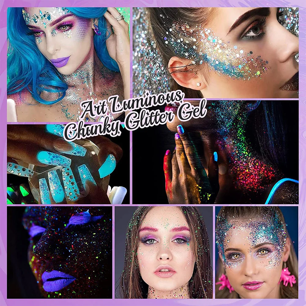 12 Colors Body Face Glitter Makeup Glitter Bar Makeup Cosmetic Glow in the Dark Glitter Gel Fine UV Glitter Face Festivals