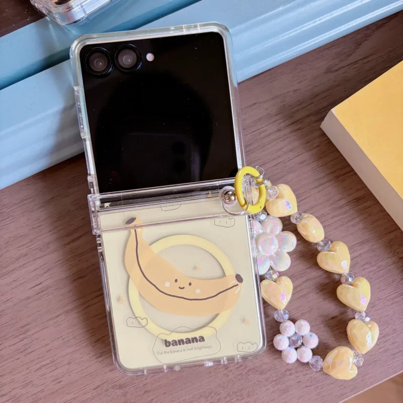 Cute Cartoon Smiley Face Banana Magnetic Suction Holder Mobile Phone Case for Samsung Galaxy Z Flip 8 7 FE 6 5 with Lanyard