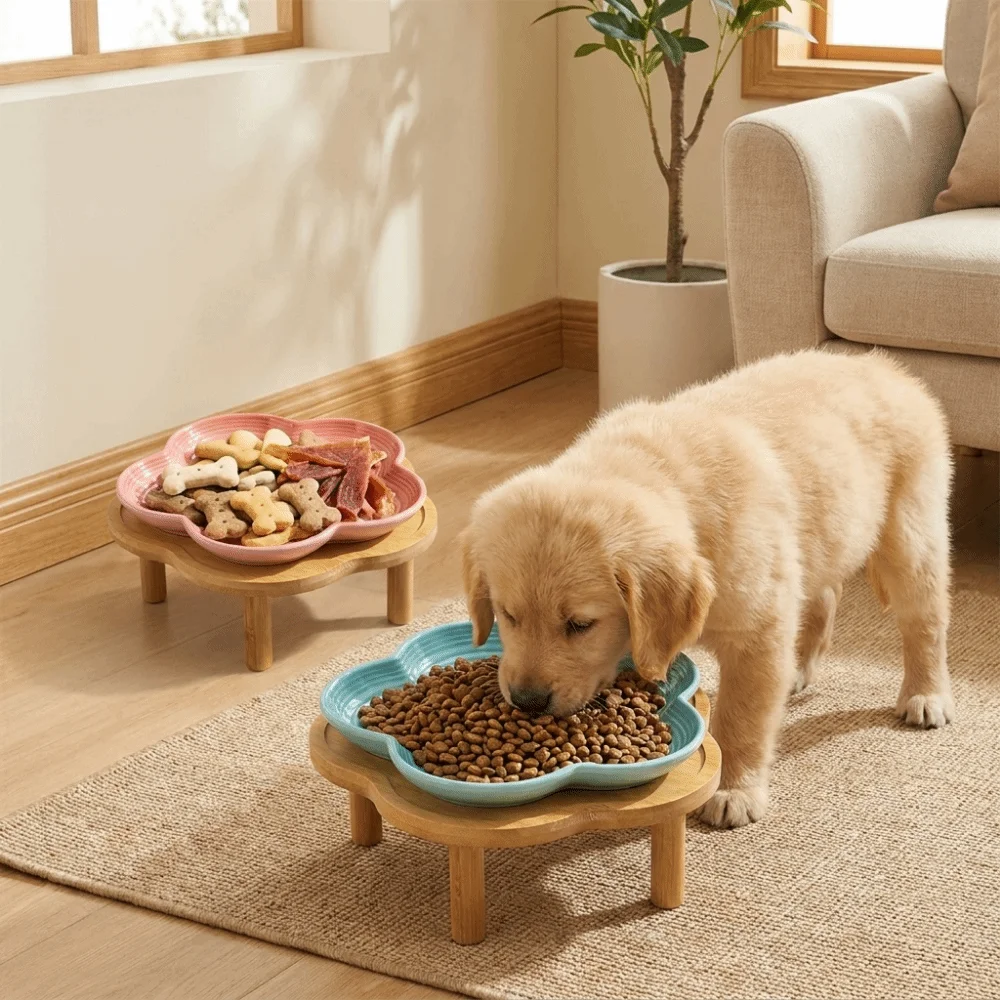 Large Capacity Ceramic Elevated Cat Bowl Anti Tipping Cervical Spine Protection Pet Drinking Feeder Anti-slip with Wood Stand