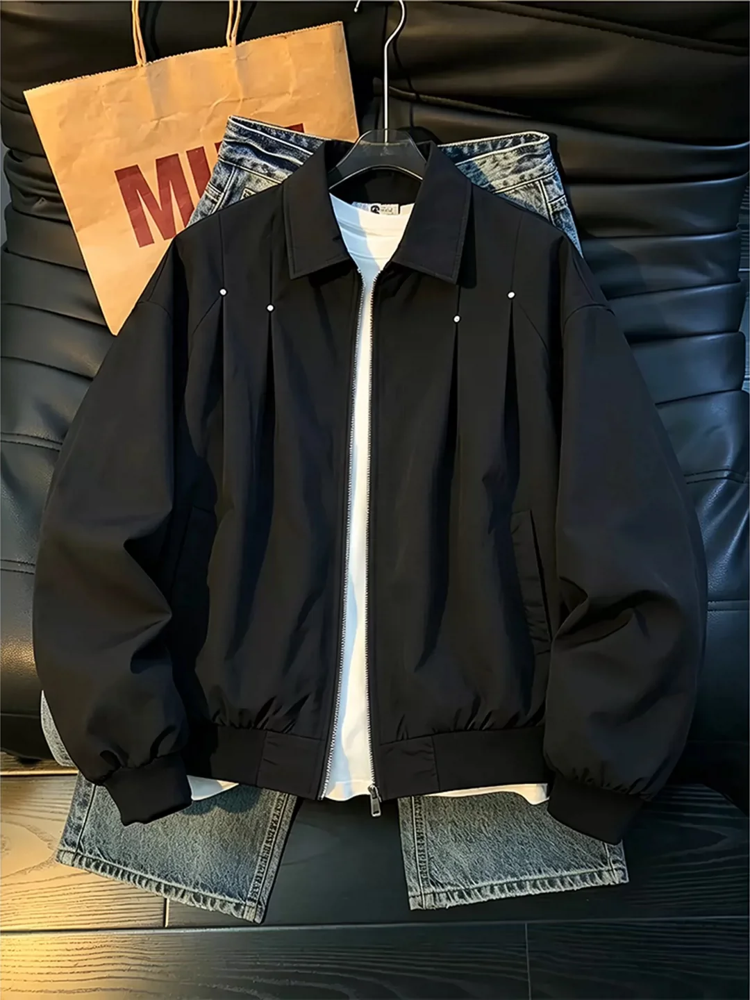 Men's Short Flight Jacket 2026 Rivet Deconstructed Shoulder High Street Style Baseball Coat Korean Style Loose Fit Long Sleeve