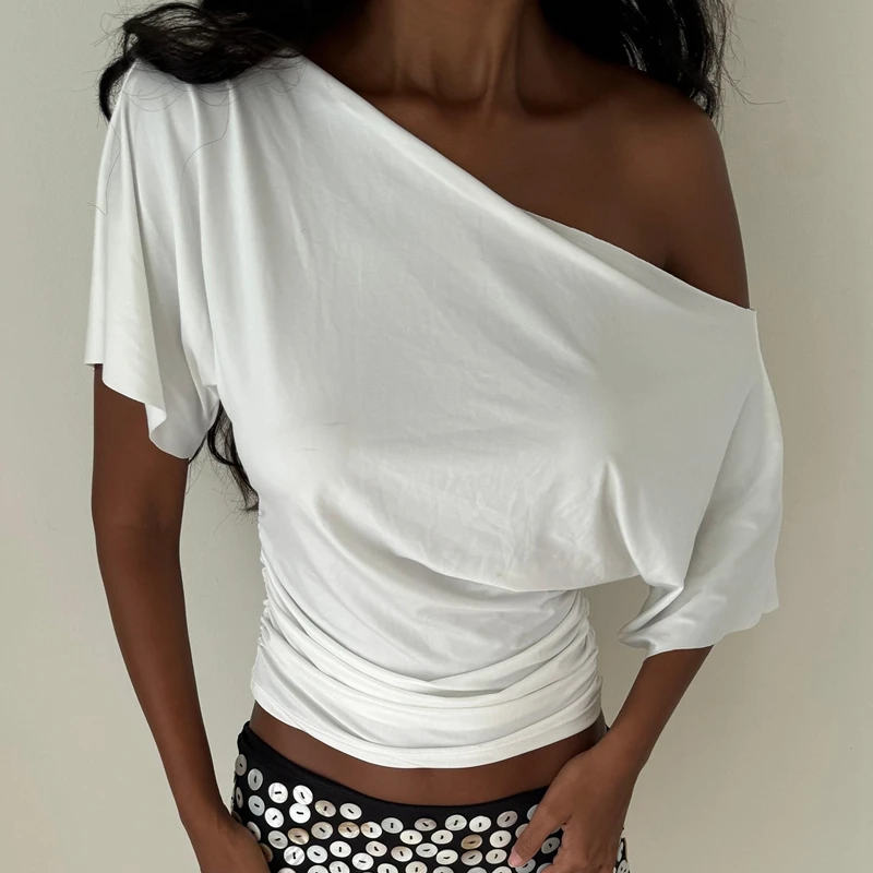Hugcitar Modisches T-Shirt mit schrägem Kragen, kurzen Ärmeln, einfarbig, sexy, eng anliegend, kurz geschnitten, Damenkleidung, Streetwear, Party, Festival, T-Shirts – Detail 18