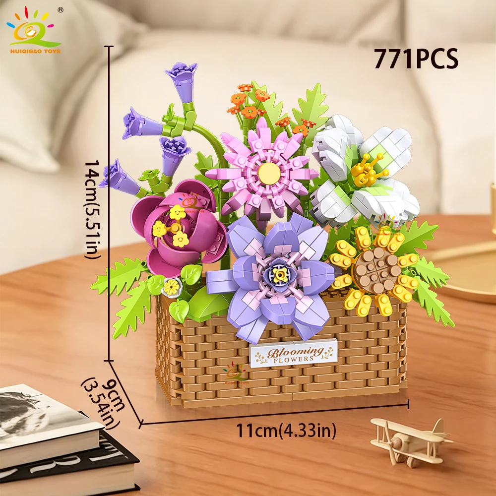 HUIQIBAO MOC Rosen-Sonnenblumen-Blumentopf Mikro-Baustein-Set DIY Blumenstrauß-Korb Mini-Diamant-Bausteine Kinderspielzeug Schreibtisch-Deko – Detail 2