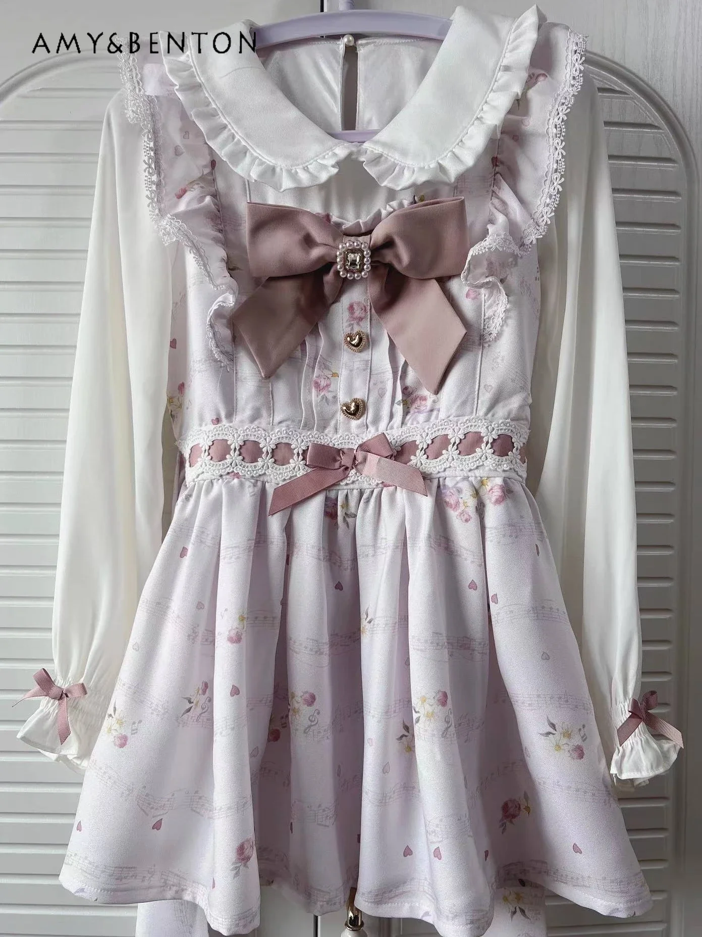 Primavera novo japonês doce arco floral impressão camisa de manga longa kawaii impressão mini saia conjunto de duas peças feminino mina liz lolita outfits