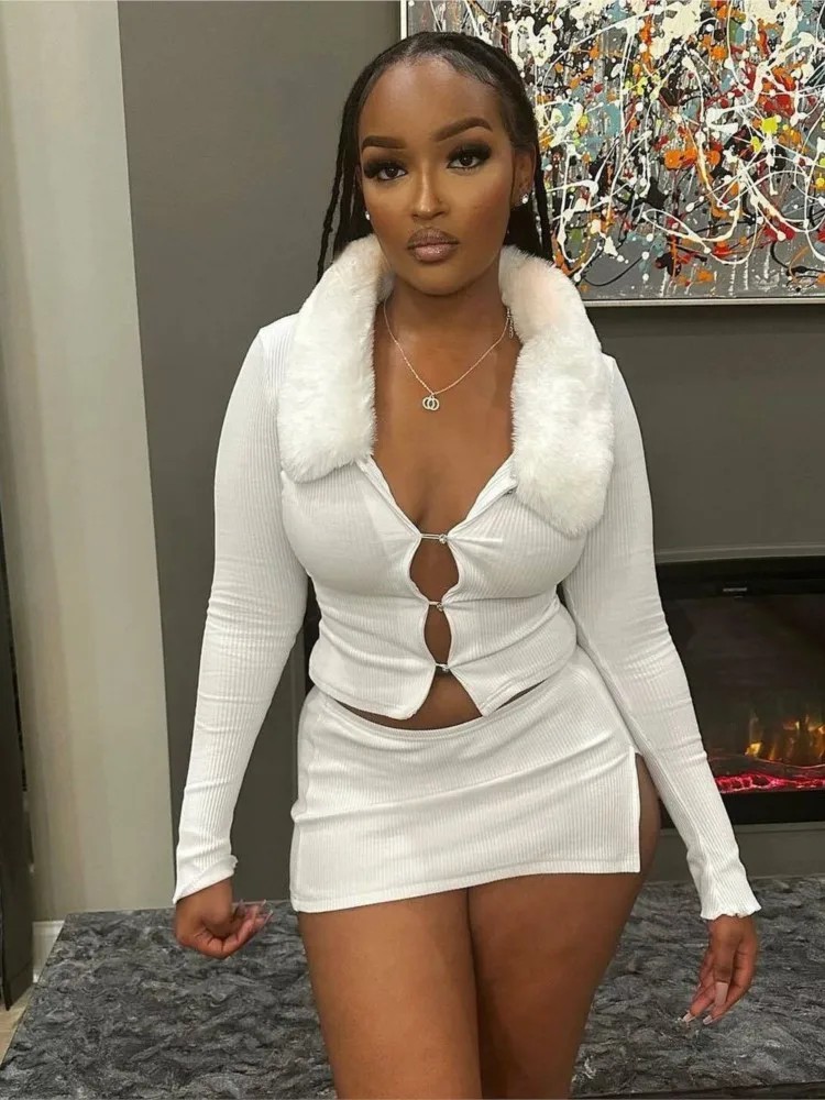 

Solid Color New In Matching Sets Bodycon Two Piece Outfits 2 Pieces Set For Woman Hollow Out Top Mini Skirts Long Sleeves Sexy