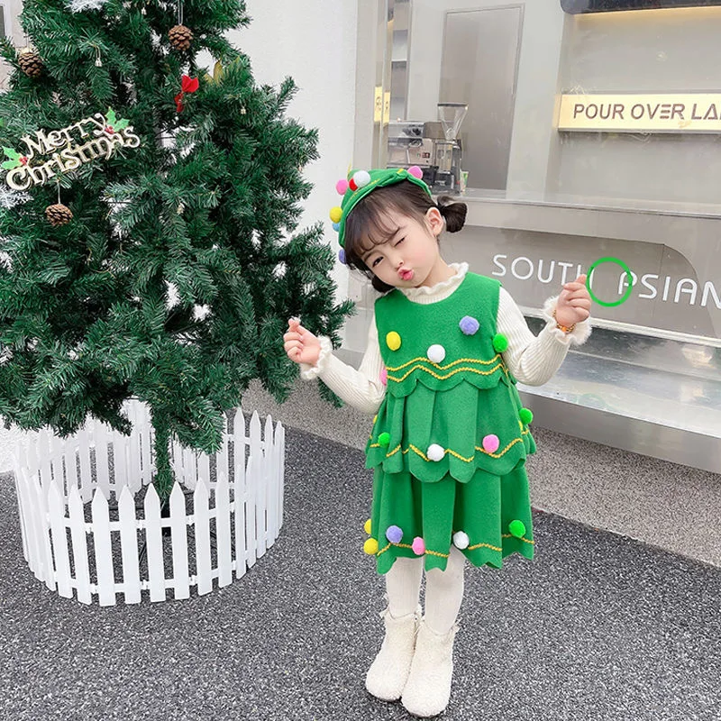 

Girl New Princess Puffy Dress for Kindergarten Girls Green Christmas Tree Dress Set with Hat Performance Costume Skirt Xmas