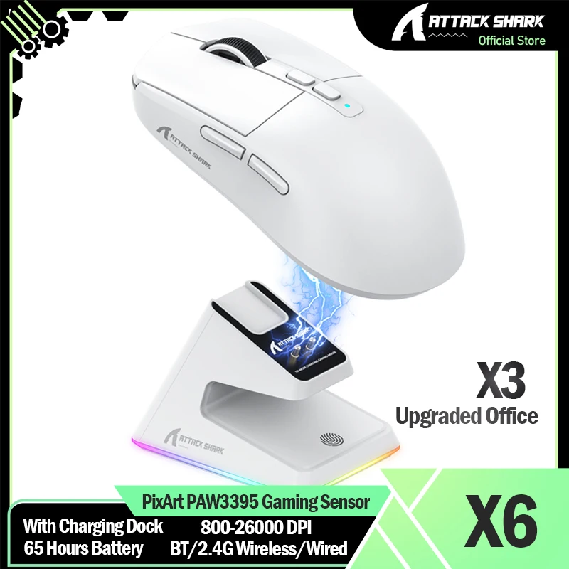 ATTACK SHARK X6 49g SUPERLIGHT Gaming Mouse With Charging Dock, PixArt PAW3395 Gaming Sensor, BT/2.4G Wireless/Wired, 26000 DPI