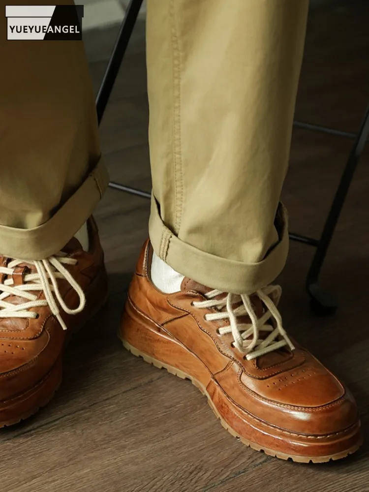 

Мужская повседневная обувь на платформе из конской кожи в японском стиле, увеличивающая рост, дышащая обувь ручной работы из натуральной кожи с круглым носком на шнуровке