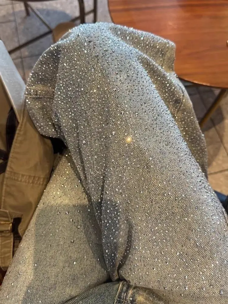 Y2k Streetwear Rhinestone Shiny Straight-Leg Jeans Women Design High-Waisted Wide-Leg Denim Pants Loose Long Pants Trouser Trend