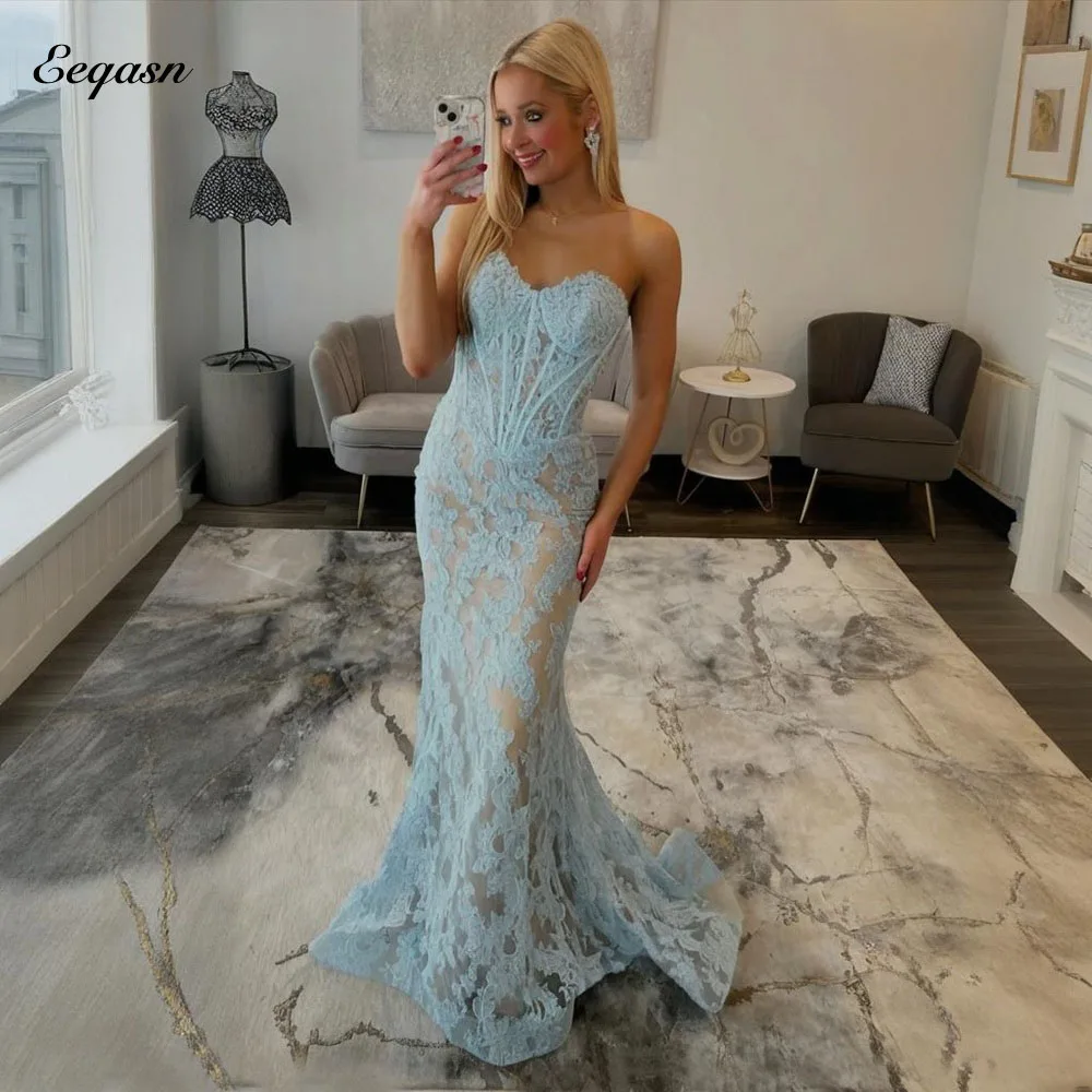 Eeqasn Customized Sizes Available Lace Trumpet Strapless Long Bespoke Occasion Evening Dresses Women Vestidos De Gala De Noche