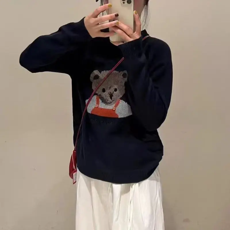 เกาหลีน่ารักหมี Jacquard เสื้อกันหนาวถักเสื้อกันหนาวผู้หญิง Vintage O คอยาวแขนยาวแฟชั่นสบายๆฤดูใบไม้ร่วงเสื้อถักจัมเปอร์ Tops