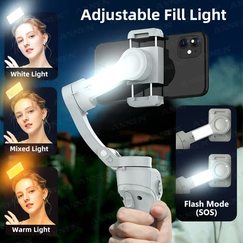 AXNEN Smart 3-Axis Handheld Gimbal Stabilizer for Smartphone with Fill Light for iPhone Android Face Tracking Tiktok Vlog Kit 3