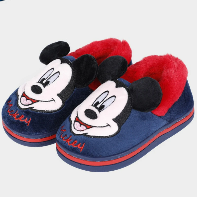 Disney-Zapatillas de algodón para niños, zapatos cálidos de Mickey Mouse, de lana, antideslizantes, para interiores, Invierno