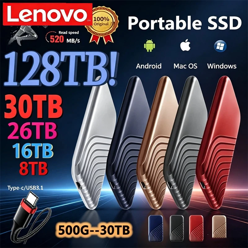 

Внешний твердотельный накопитель Lenovo 256 ТБ, флеш-накопитель Type-C, высокоскоростной USB 3.1, 2 ТБ, 4 ТБ, 128 ТБ, портативный SSD-диск
