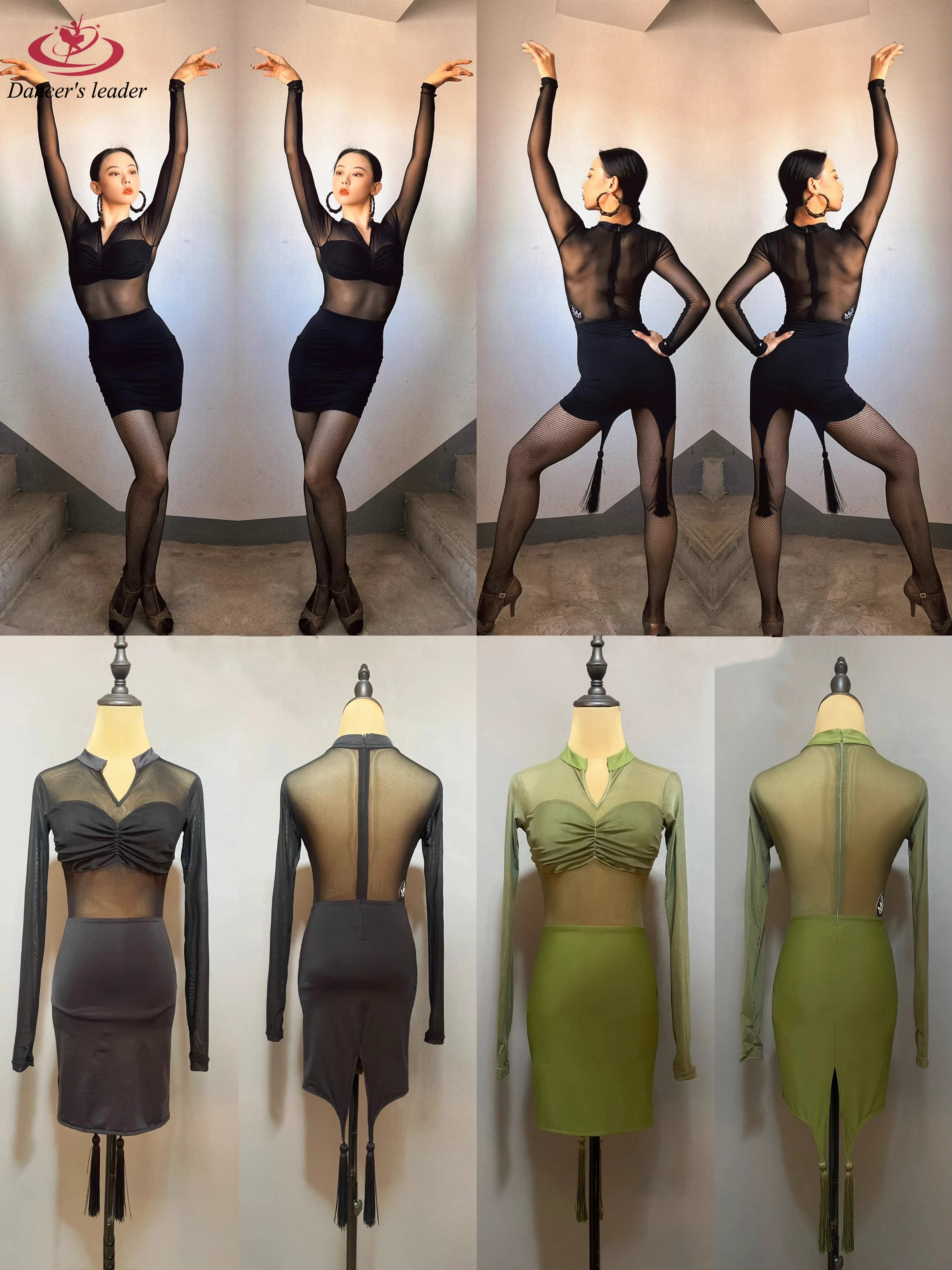 

Latin Dance Women's Clothing Children's Standing Collar Long Sleeved Mesh Samba Performance Clothing Black Pool Dress