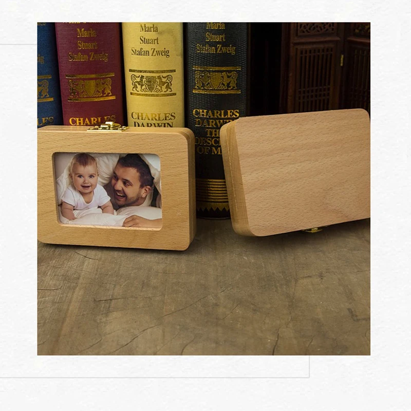 Baby Wood Tooth Box denti Keepsake Box Photo Frame denti Lanugo Holders contenitore Organizer lingua spagnolo inglese giapponese