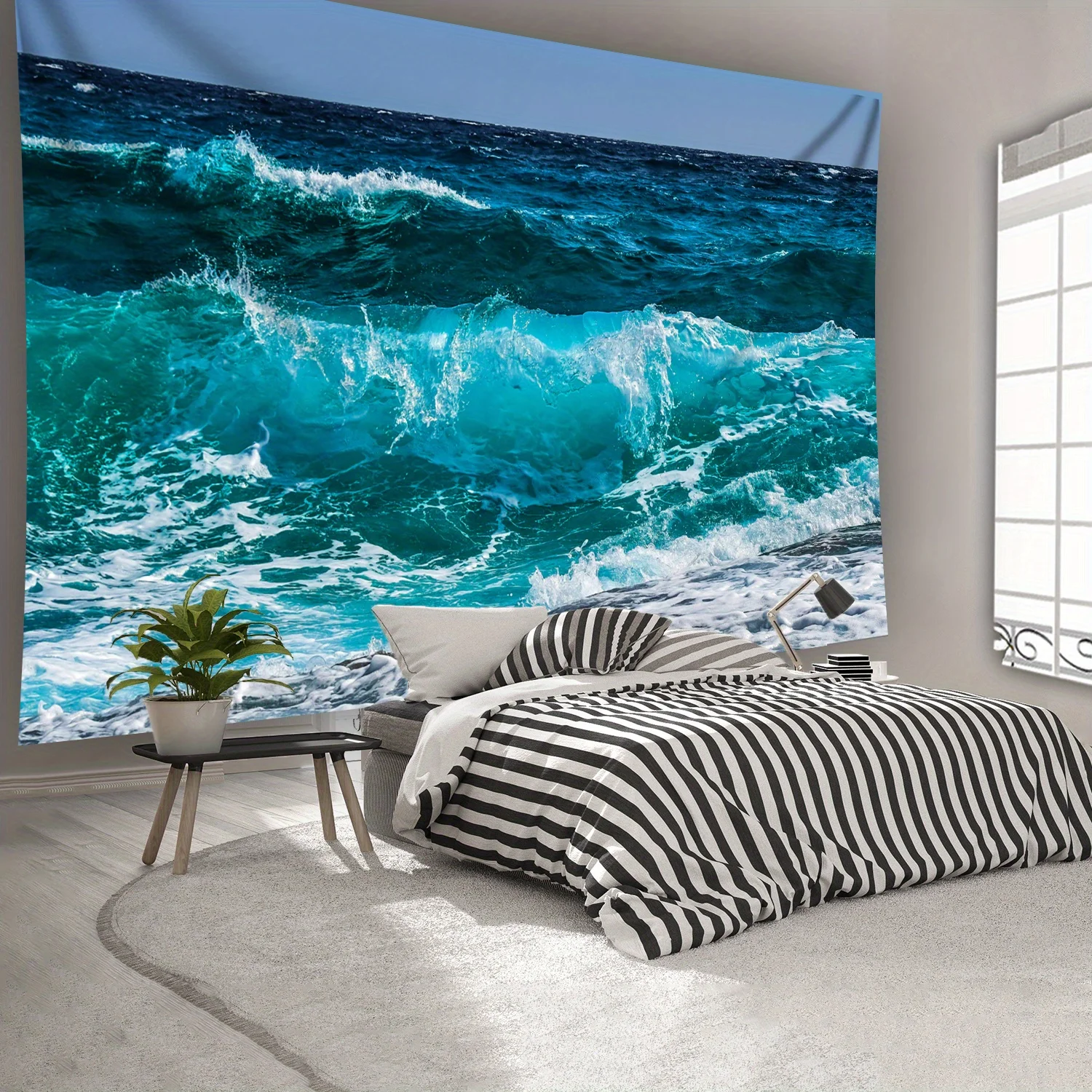 2D Flat Turquoise Ocean Waves Crashing Shore Seascape Tapestry Beach Vibe Wall Art Bedroom Decor Summer Coastal Background Print