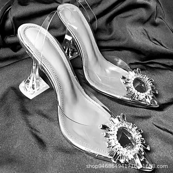 Luxury Crystal Slingback Pumps para mulheres, salto alto, sapatos femininos de verão, salto feminino, festa, casamento, plus size, marca, 2023