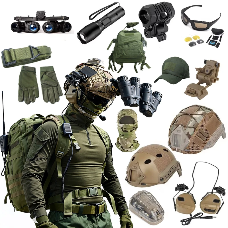 

Tactical Airsoft Combat Set With Headset Nvg Model Goggles Flashlight Signal Light Helmet Cloth Full Body Suit Backpack Gloves