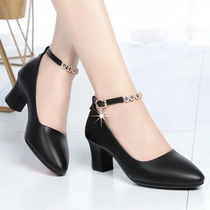 Women Classic Black Soft Patent Leather High Quality Square Heel Shoes Lady Casual Office Comfort Spring Summer Buckle Heels A04