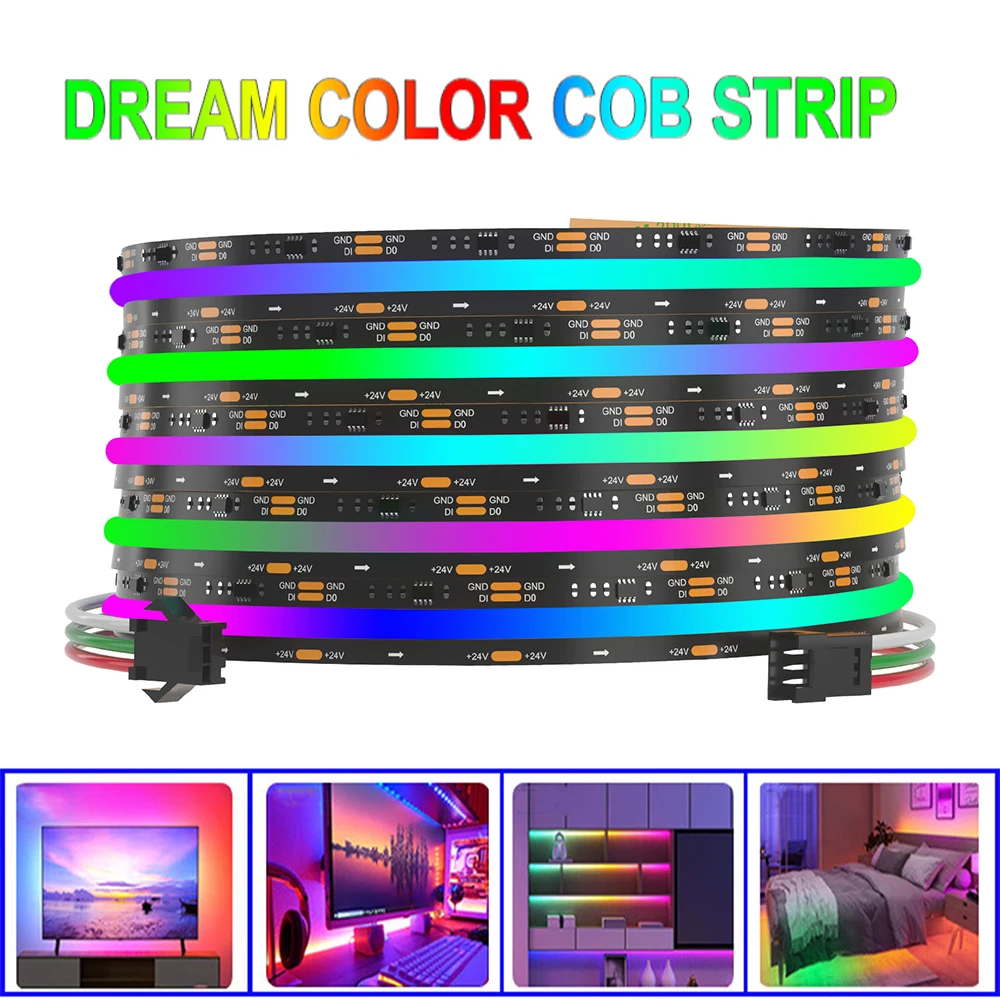 Tuya WiFi RGB IC LED Strip Addressable Dream Color COB Strip Light WS2811 Running Full Color RGB Strip Lights White Black PCB