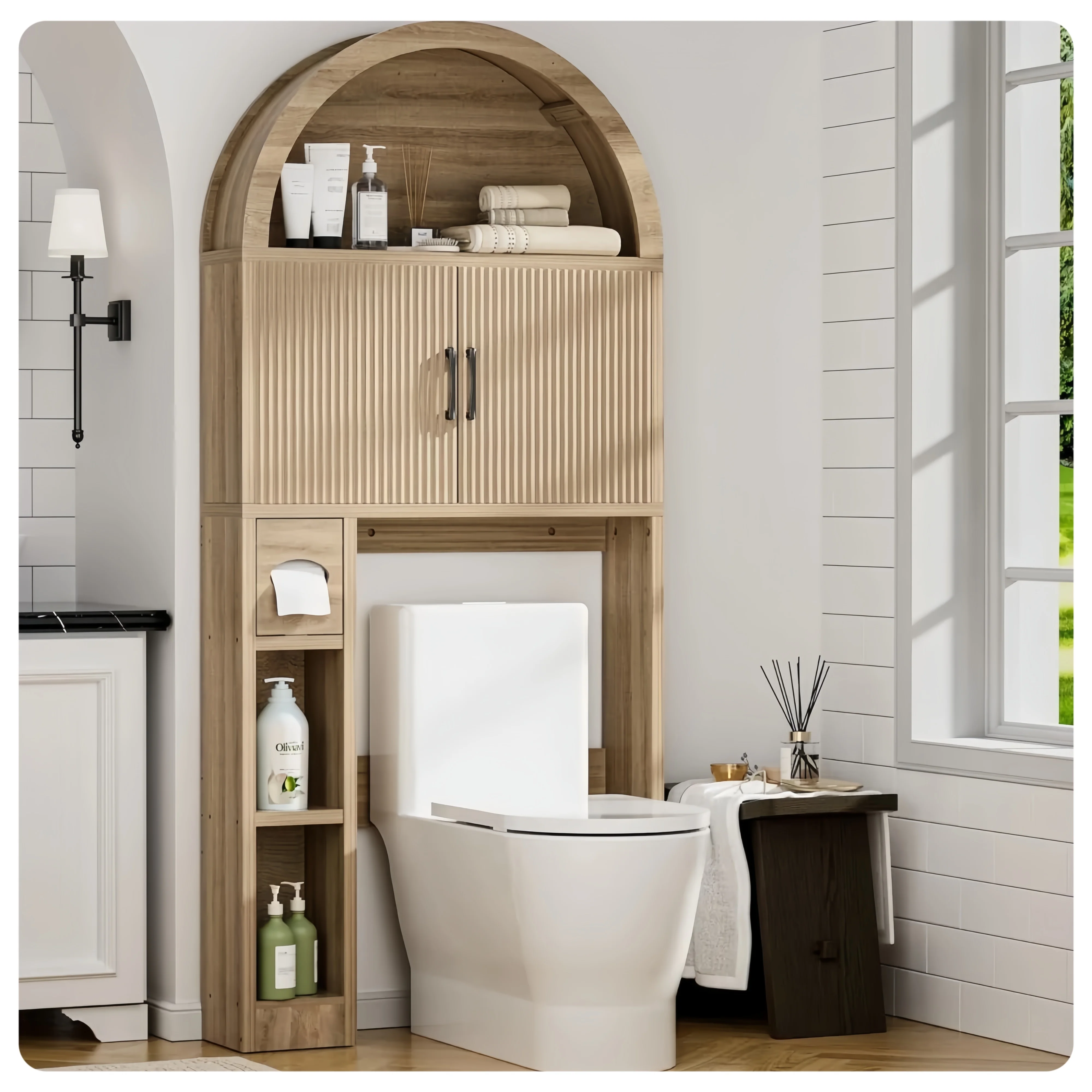 Wooden Bathroom Storage Cabinet above Toilet Standalone Shelf with Toilet Paper Holder Organizer for Bathrooms